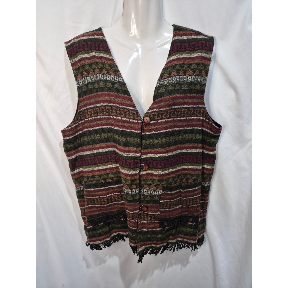 Vintage Style New York Womens Geometric Fringed Tapestry Vest Multicolor Medium